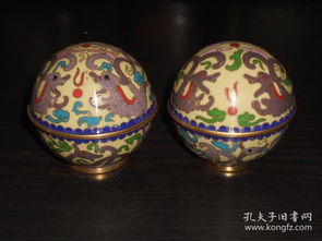 七八十年代老货手工艺品铜胎景泰蓝 磨蓝地球形开盒 双龙戏珠1对 尺寸约 高7公分,直径7公分